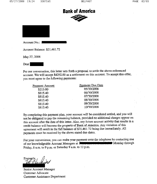 Bank of America Debt Settlement Letter Saved $17169