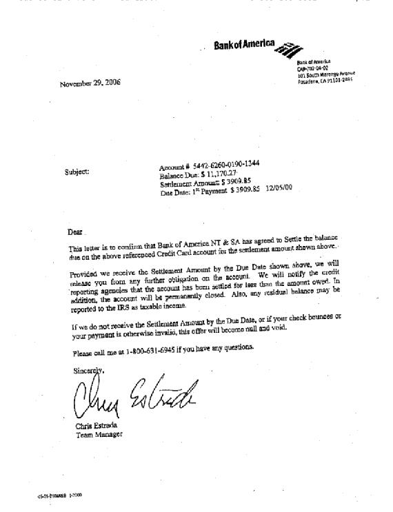 Bank of America Settlement Letter Saved $7261