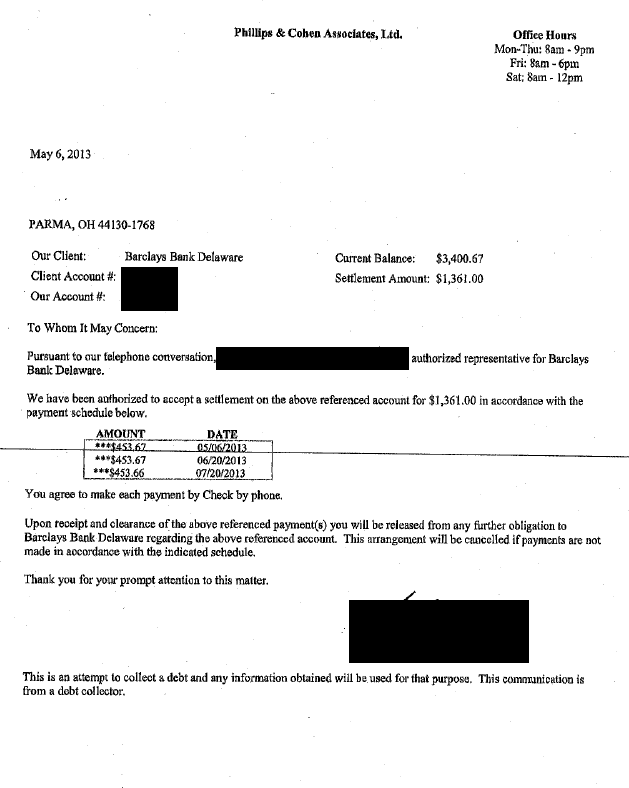 Barclays Bank Debt Settlement Letter Saved $2039