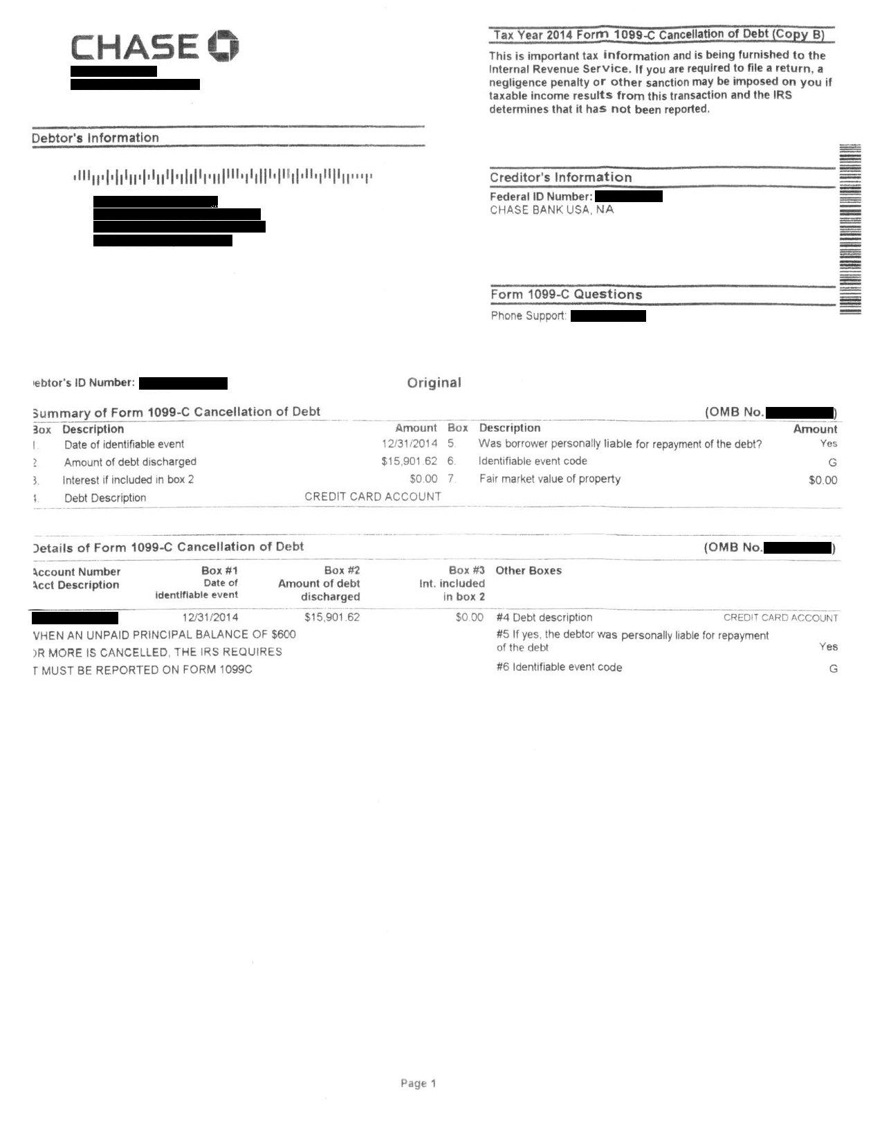 Image of a settlement letter with Chase Bank USA America with savings of 15,901 dollars