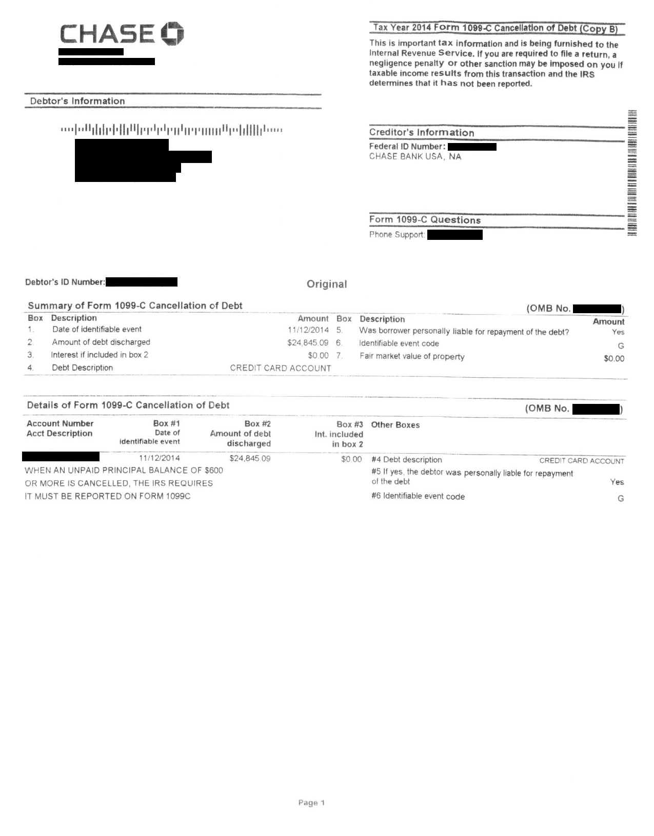 Image of a settlement letter with Chase Bank USA America with savings of 24,845 dollars