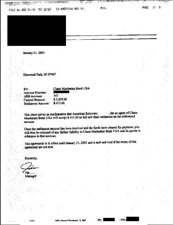 Chase Debt Settlement Letter Saved $1427