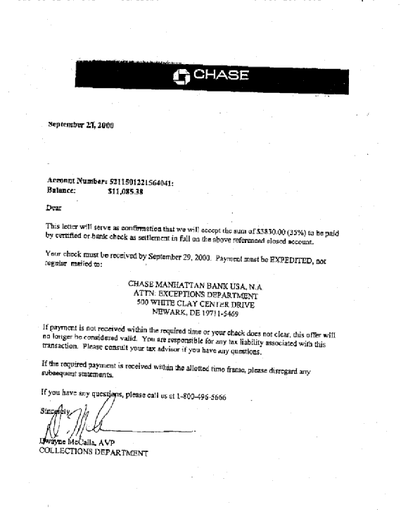 Chase Debt Settlement Letter Saved $7255