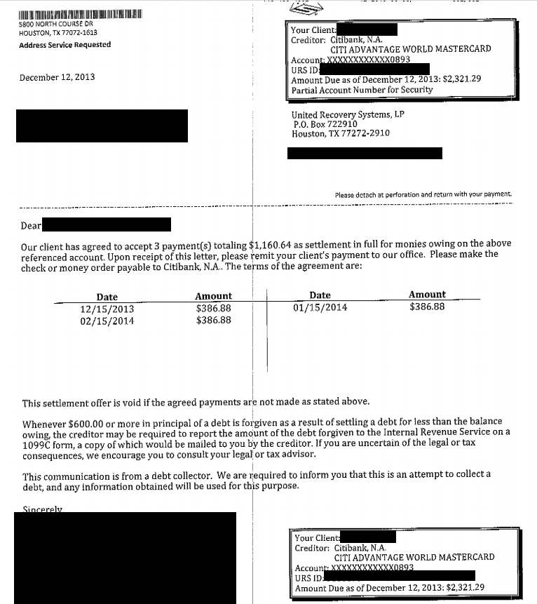 Citi, Debt Settlement Letter Saved $1161