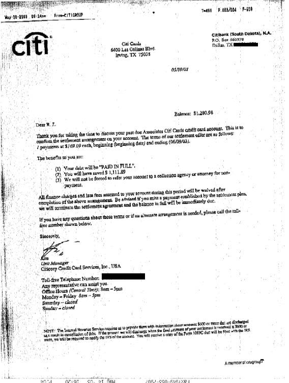 Citibank Debt Settlement Letter Saved $1111