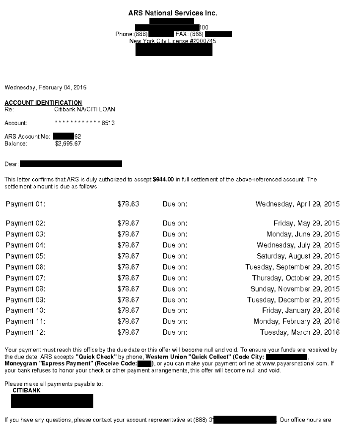 Image of a settlement letter with Citibank with savings of 1,751 dollars