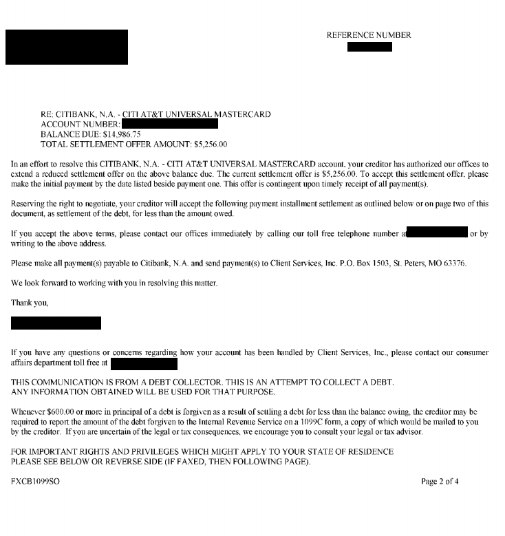 Citibank Debt Settlement Letter Saved $9730