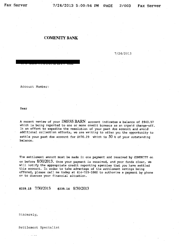 Comenity Bank Debt Settlement Letter Saved $470