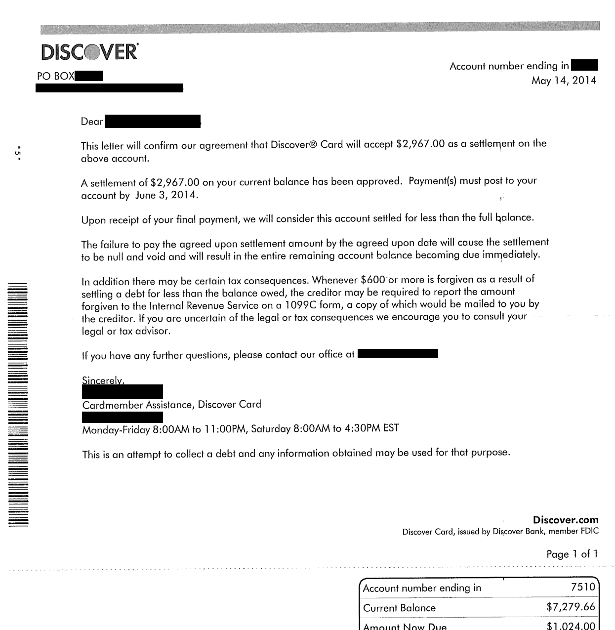 Image of a settlement letter with Discover Bank with savings of 4,312 dollars