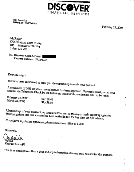 Image of a settlement letter with Discover with savings of 3,647 dollars