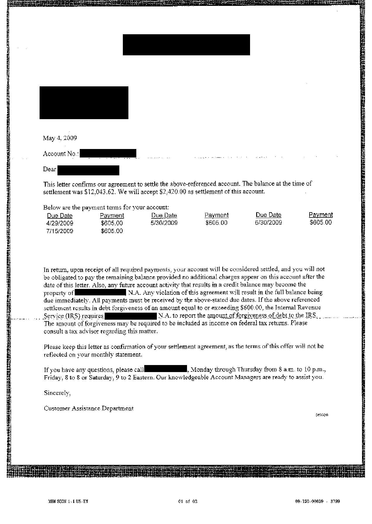 FIA Card Debt Settlement Letter Saved $9623