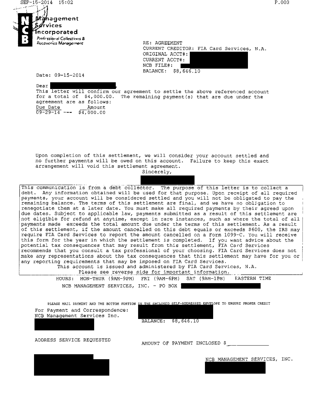 Image of a settlement letter with FIA Card Services with savings of 4,646 dollars