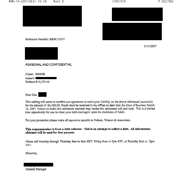 FMA Alliance Ltd. Debt Settlement Letter