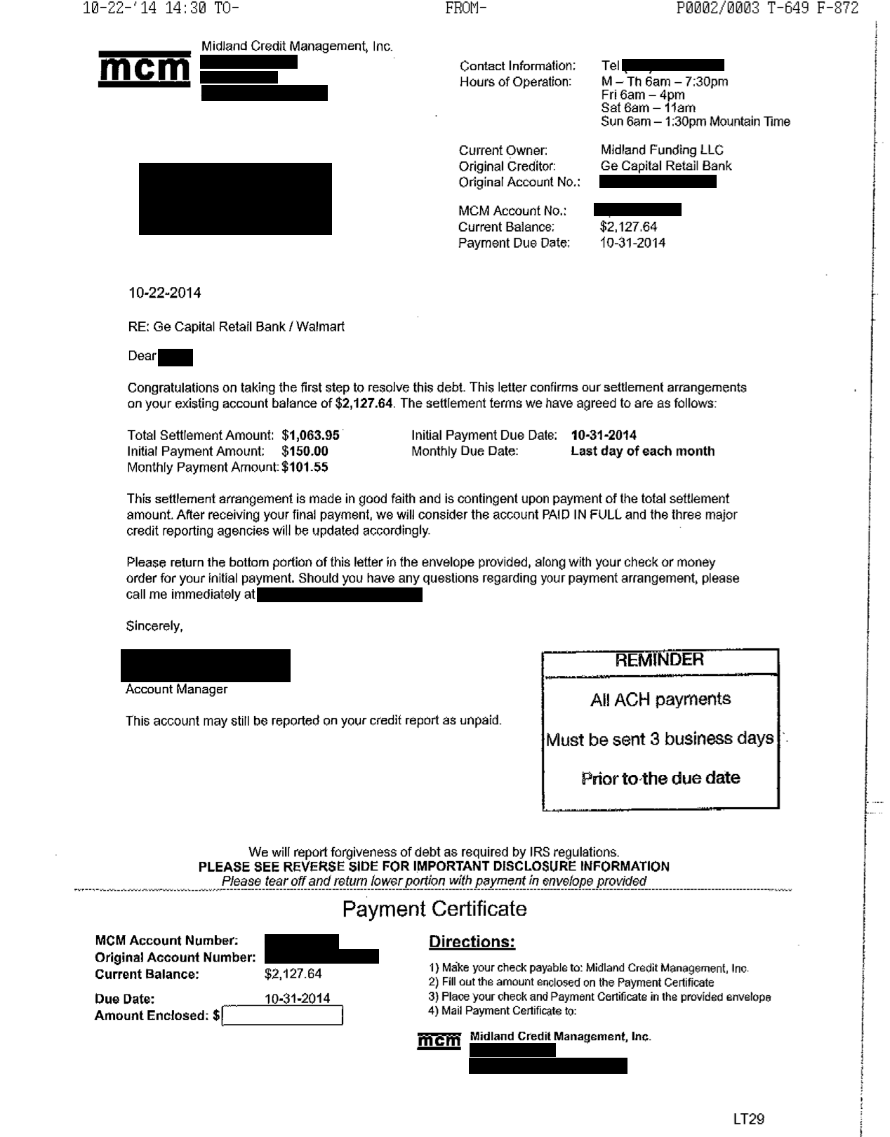 Image of a settlement letter with Ge Capital Retail Bank with savings of 1,064 dollars