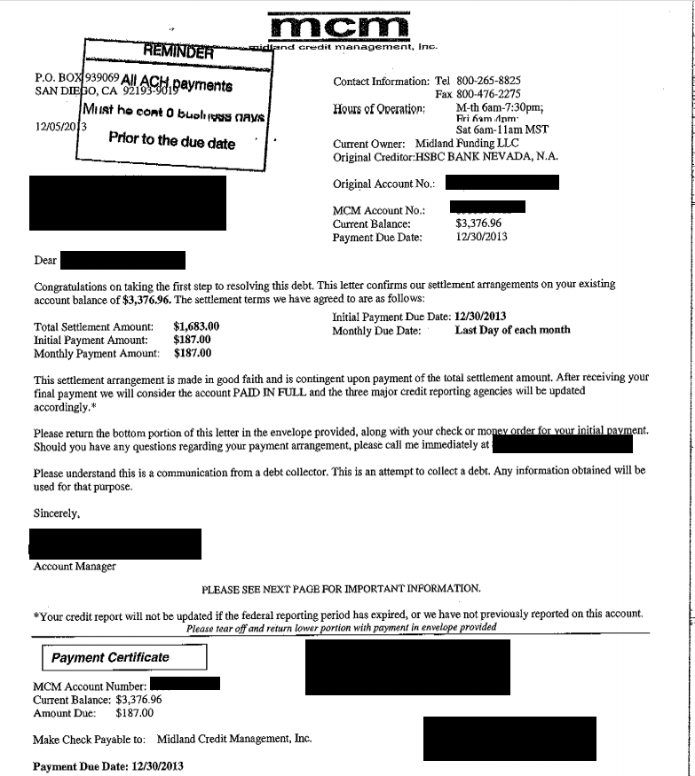 Image of a settlement letter with HSBC with savings of 1,693 dollars