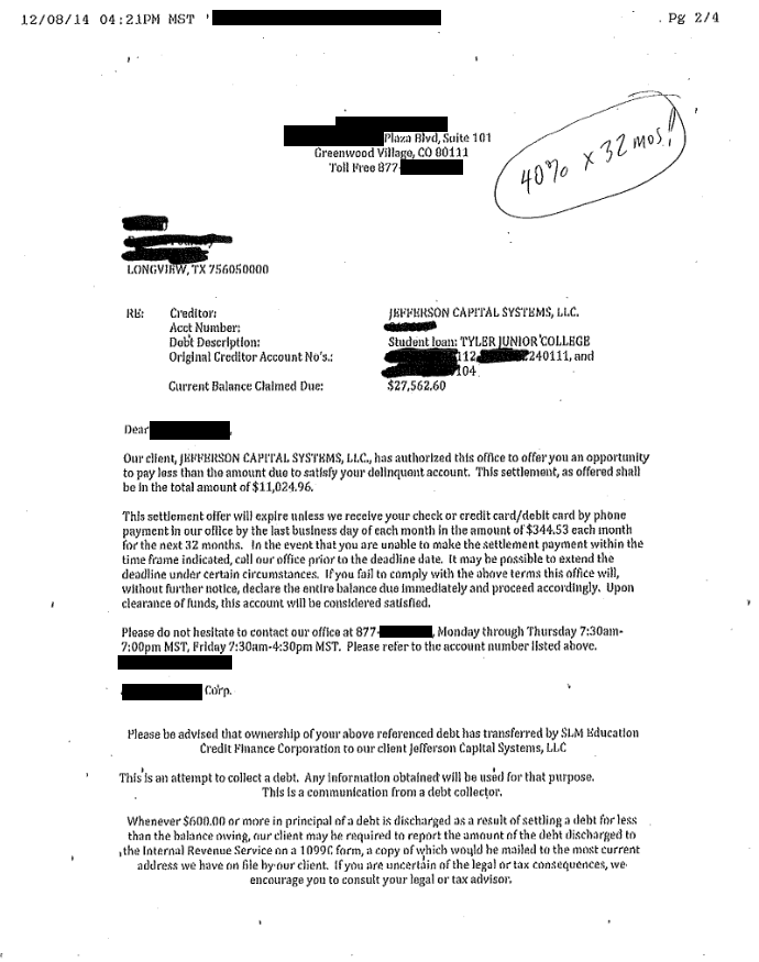 Image of a settlement letter with Jefferson Capital Student Loan with savings of 16,538 dollars