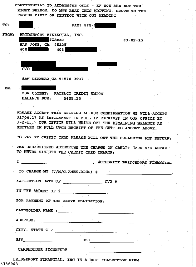 Image of a settlement letter with Patelco Credit Union with savings of 2,704 dollars