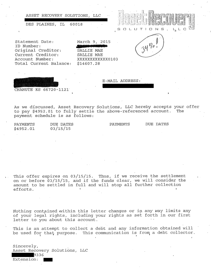 Image of Sallie Mae Student Loan settlement letter with savings of 9,655 dollars