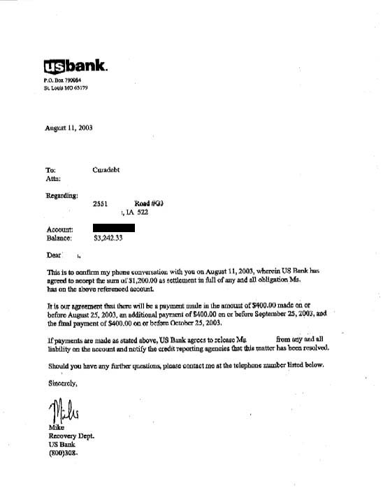 US Bank Debt Settlement Letter Saved $2042