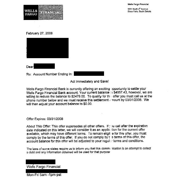 Wells Fargo Financial Debt Settlement Letter