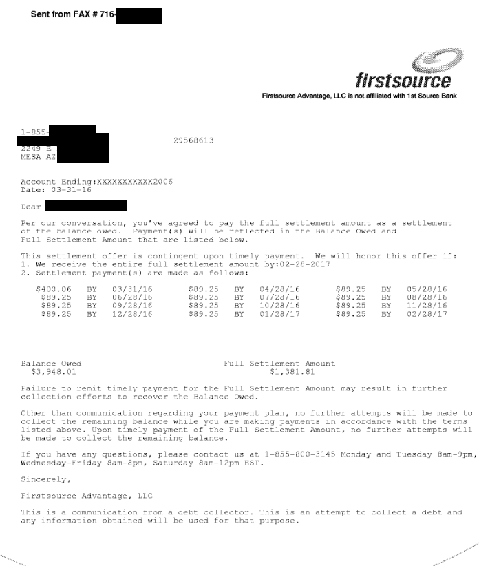 Image of a settlement letter with American Express with savings of 2,566 dollars