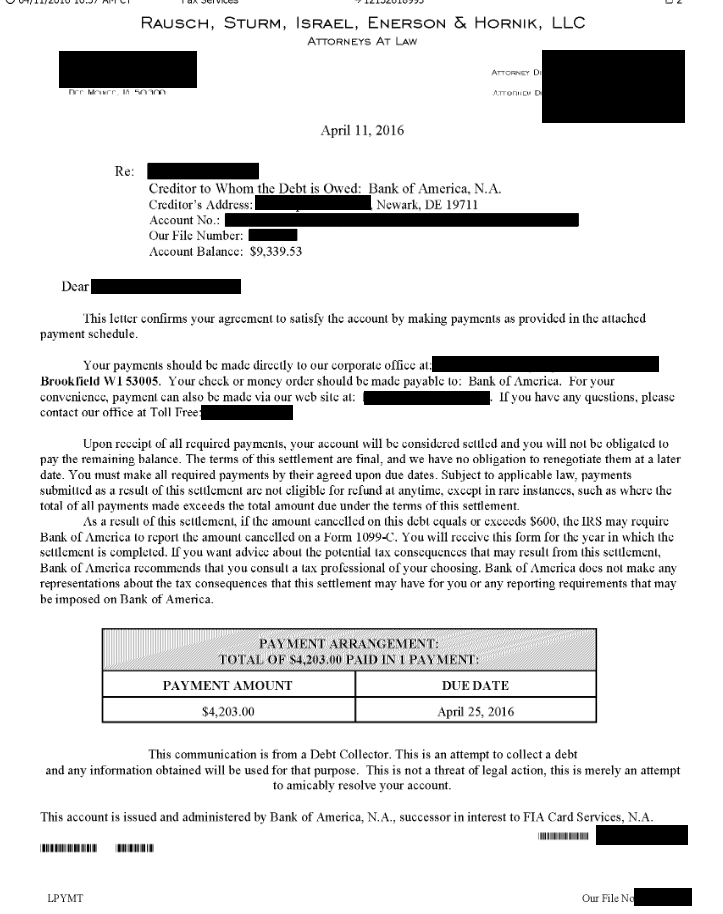 Image of a settlement letter with Bank of America with savings of 5,136 dollars