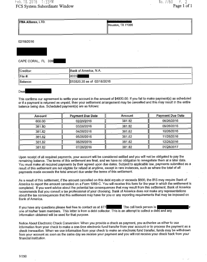 Image of a settlement letter with Bank of America with savings of 11,020 dollars
