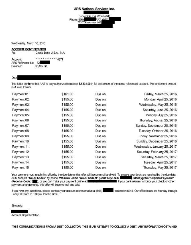 Image of a settlement letter with Chase Bank with savings of 3,496 dollars