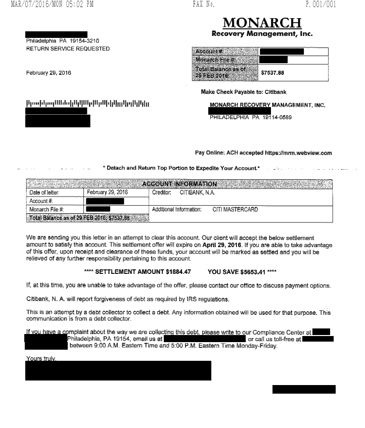 Image of a settlement letter with Citibank USA America with savings of 5,653 dollars