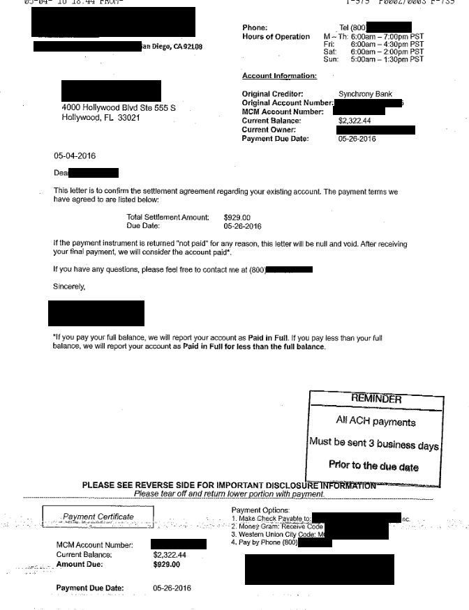 Image of settlement letter with Synchrony Bank with savings of 1,393 dollars