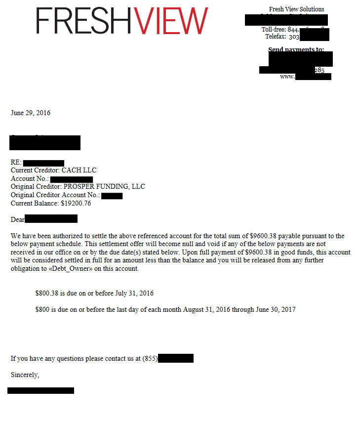 Image of a settlement letter with Prosper Funding, LLC with savings of 9,600 dollars