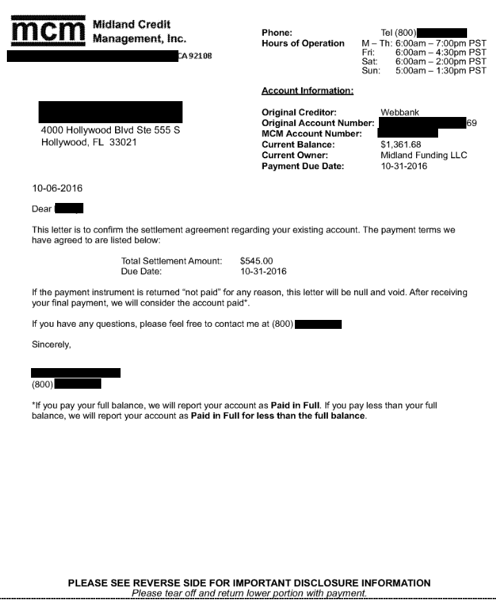Image of a settlement letter with Lending Club WebBank with savings of 816 dollars