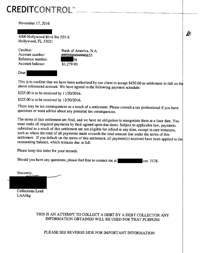 Image of a settlement letter with BofA with savings of 829 dollars.