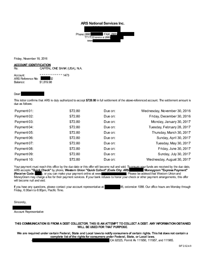 Image of a settlement letter with Capital One Bank with savings of 1,091 dollars