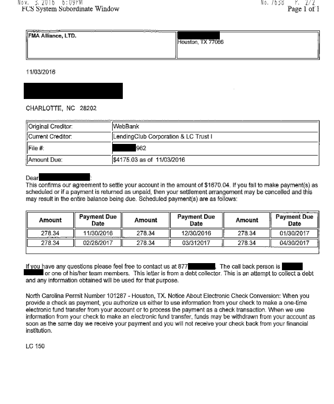 Image of a settlement letter with Lending Club with savings of 2,504 dollars