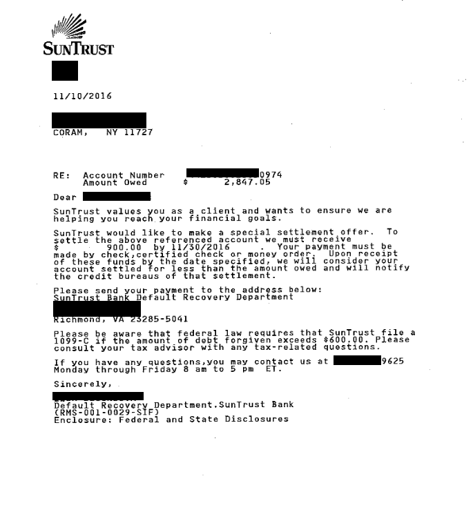 Image of a settlement letter with SunTrust Bank with savings of 1,947 dollars