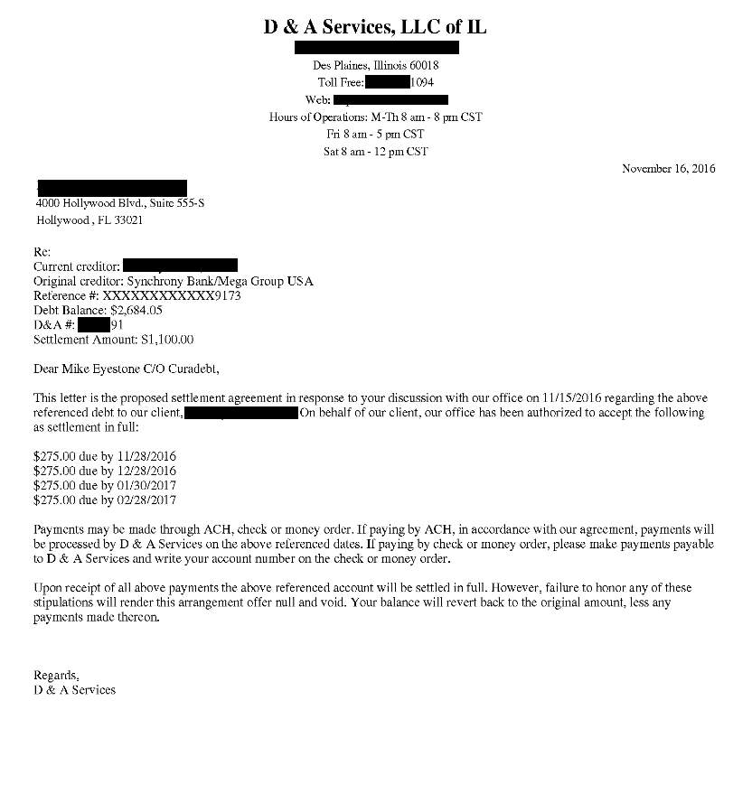 Image of a settlement letter with Synchrony Bank with savings of 1,584 dollars