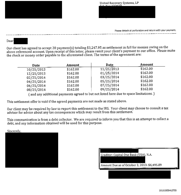 Debt Settlement Letter For Capital One Bank Client Saved 50