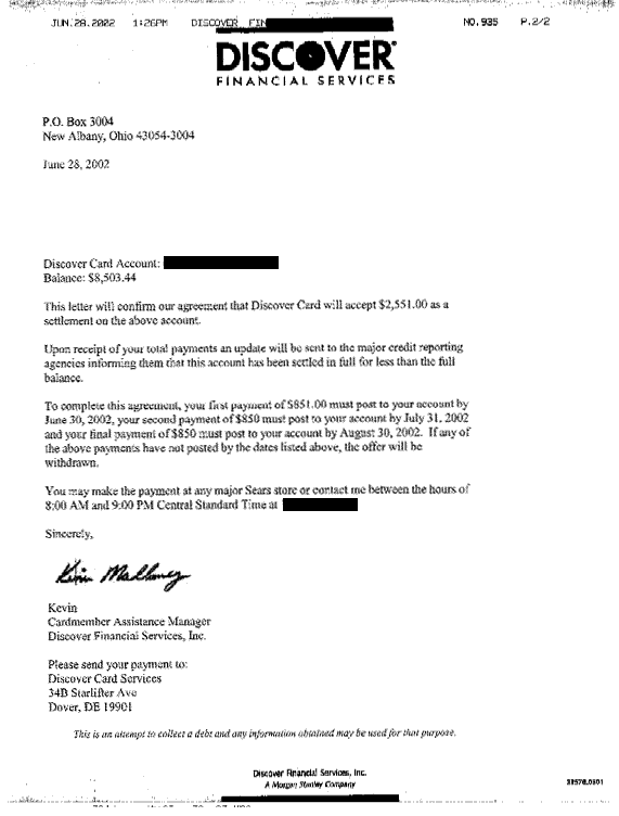 Debt Settlement Letter For Discover: Client Saved 70%