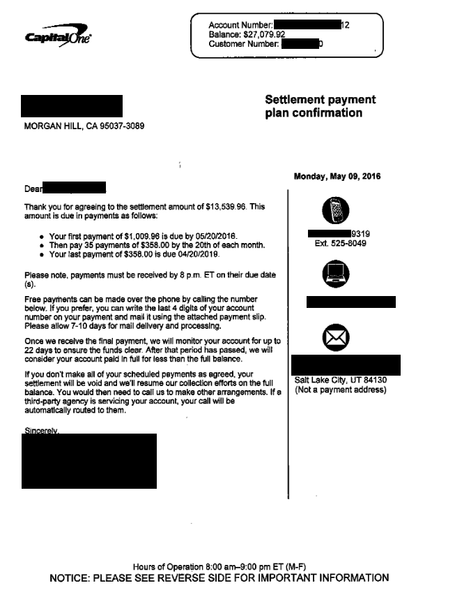 Debt Settlement Letter With Capital One Bank Client Saved 50