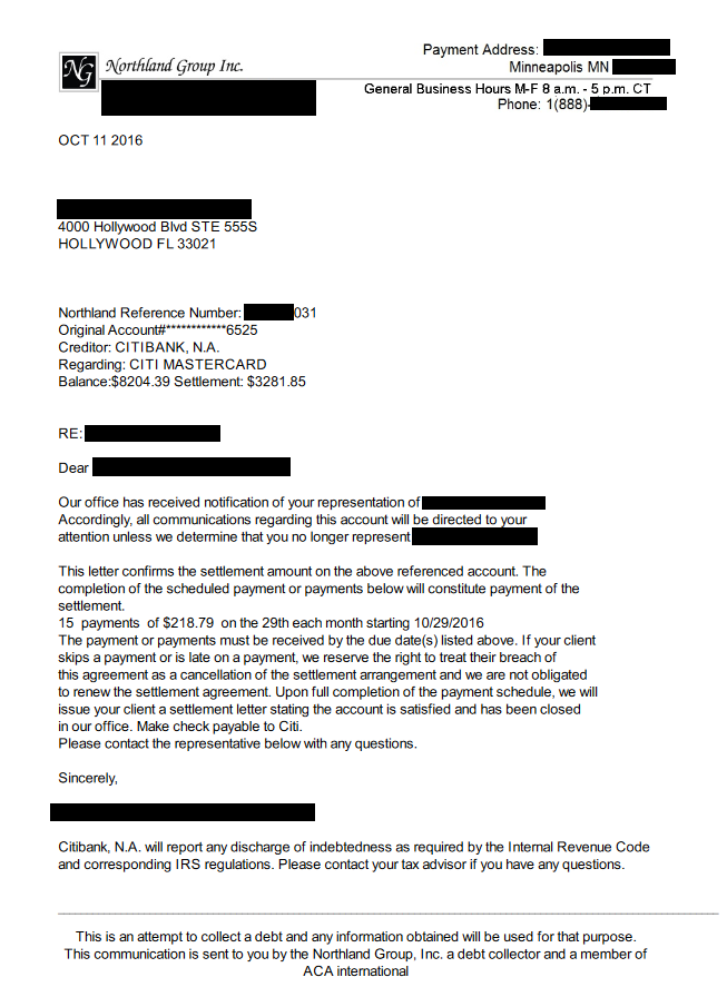 Citibank USA America Debt Settlement Letter
