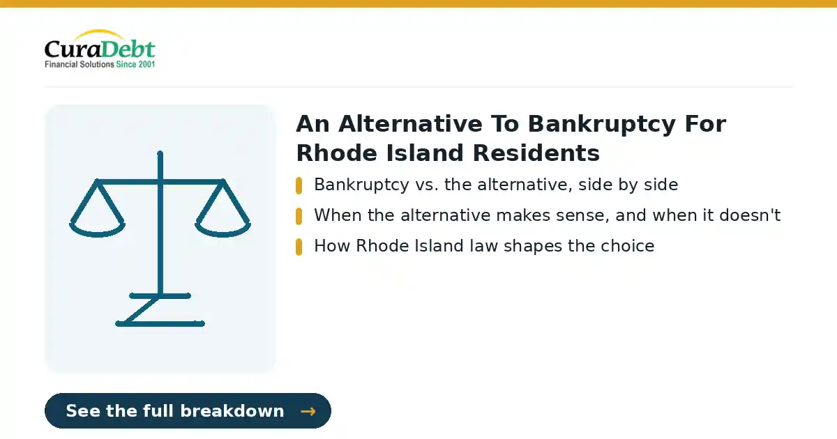 alternatives to bankruptcy in Rhode Island: key points: Bankruptcy vs. the alternative, side by side; When the alternative makes sense, and when it doesn't (debt relief without bankruptcy, avoid bankruptcy).