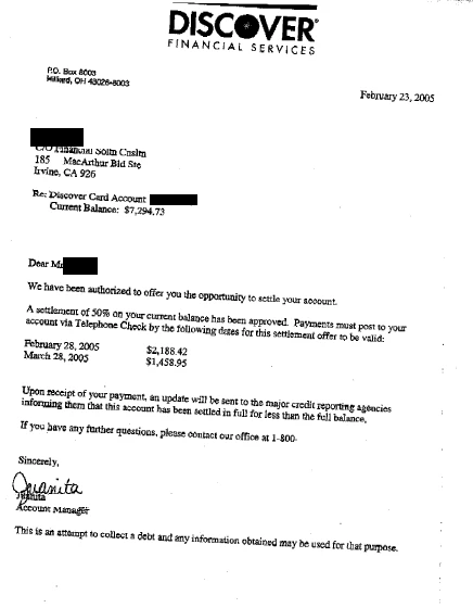 Discover settlement letter, $7,294.73 settled for $3,647.37