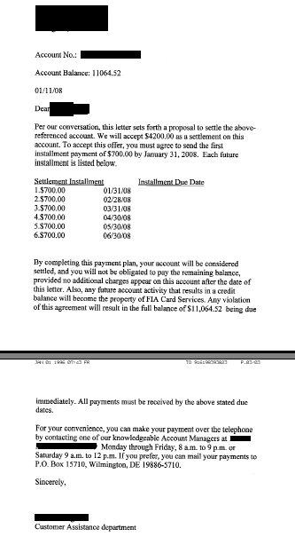 Settlement letter with personal details blacked out