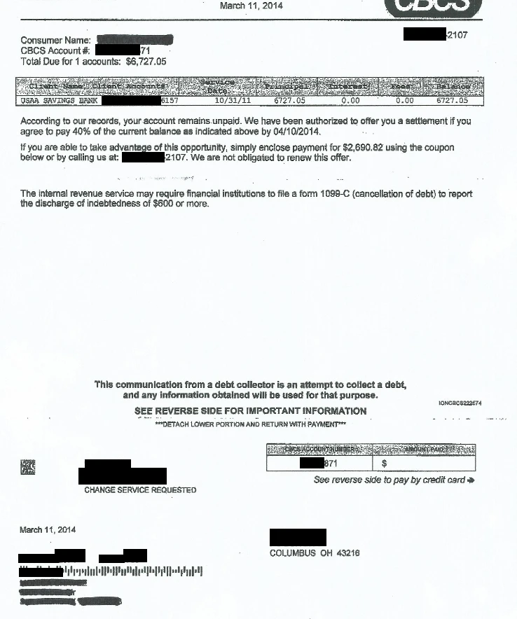 USAA Savings Bank settlement letter, $6,727.00 balance settled for $2,690.08