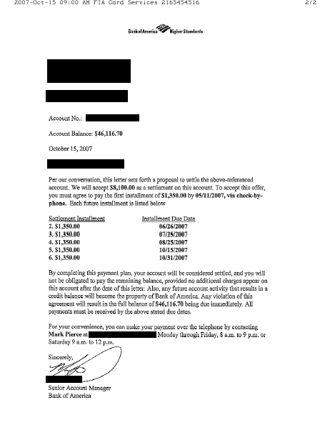 Bank of America settlement letter, $46,116.70 settled for $8,100.00