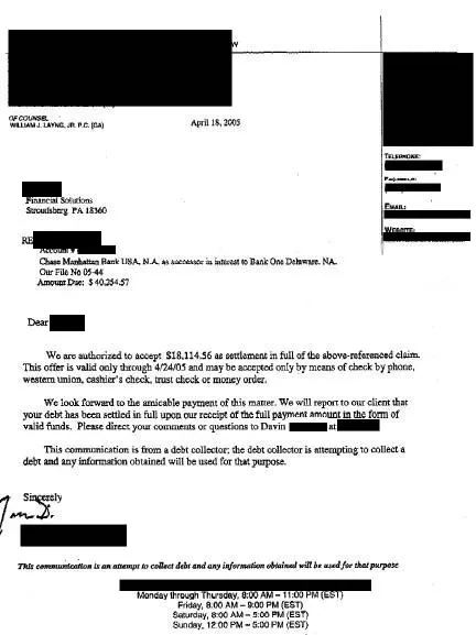 Chase settlement letter, $40,254.57 balance resolved for $18,114.56
