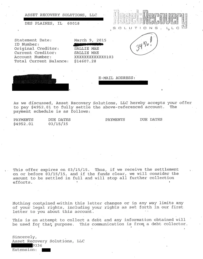 Sallie Mae private student loan settlement letter, $14,607.28 balance settled for $4,952.01