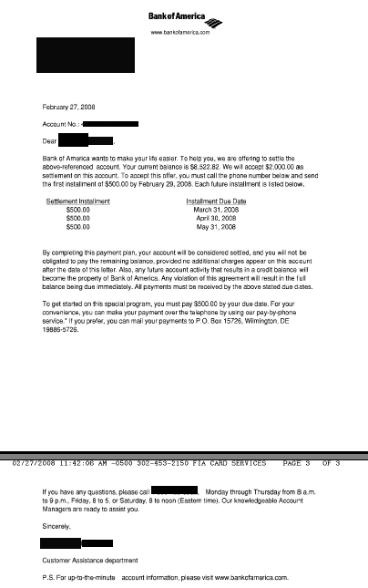 Bank of America settlement letter, $8,522.82 settled for $2,000.00