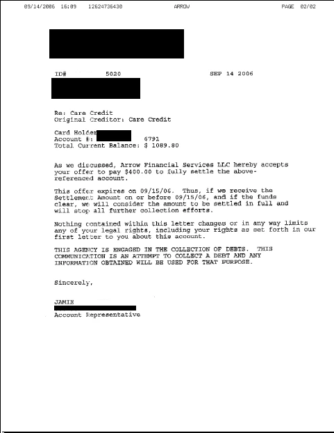 Carta de liquidación de deuda de Arrow Principal Services de septiembre de 2006, con datos personales ocultos